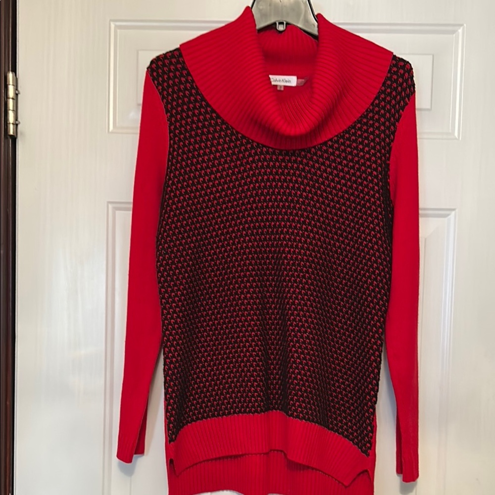 Calvin Klein Cowl Neck Sweater M Red Black NWOT Tunic Lightweight Career Classic
